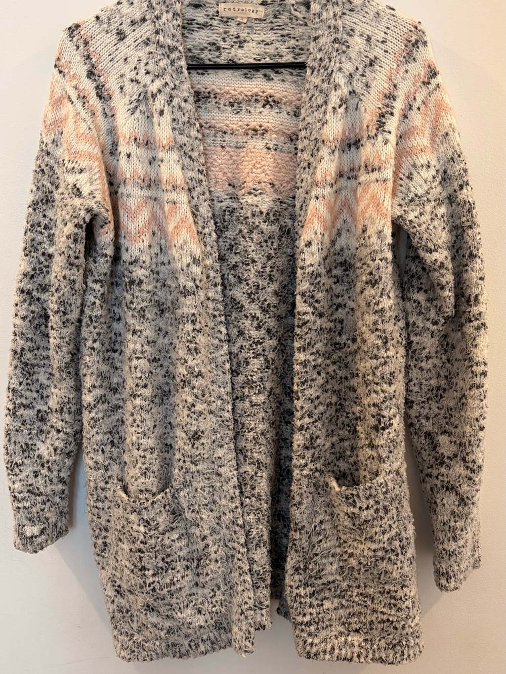 Cozy Open-Front Cardigan Sweater in Gray with Peach Accents